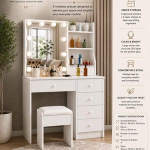 May include: A white vanity dresser with a large mirror surrounded by LED lights, six drawers, and four open shelves. The set includes a matching padded stool. Text on the image includes OAKANDHAVEN CO, BEAUTY. FUNCTION. PERFECTLY COMBINED.