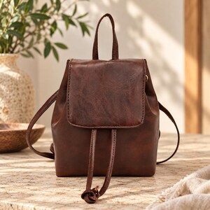 Vintage Leather Mini Backpack, Compact Travel Daypack for Women