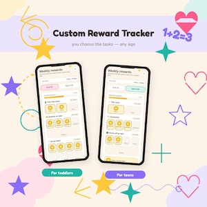 Op de afbeelding: Twee smartphones met een app-interface voor een aangepaste beloningstracker. Het linkerscherm toont taken voor een peuter genaamd Ava, het rechterscherm toont taken voor een tiener genaamd Jack. De tekst luidt Custom Reward Tracker, you choose the tasks.