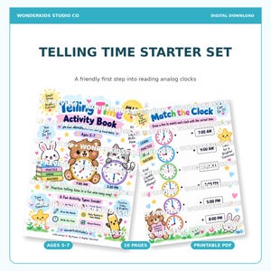 Telling Time Activity Book for Kids, Printable Clock Worksheets (Ages 5-7)