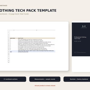 May include: A digital clothing tech pack template featuring an Excel workbook and an 8-page quick start guide. The interface displays a list of tasks including style overview, technical drawings, BOM, measurements, and factory handover instructions.