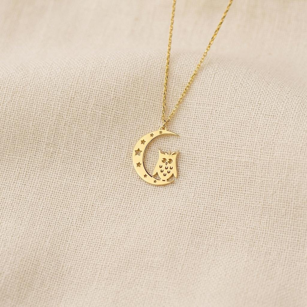 Owl Moon Necklace: Owl Moon Pendant, Crescent Necklace, Celestial Moon Jewellery, Birthday Gift