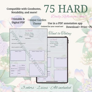 May include: A 75 Hard daily reflection sheet in printable and digital PDF format. The document features sections for daily tracking, including workout logs, water intake, and meal planning, displayed on a tablet screen and a separate page.