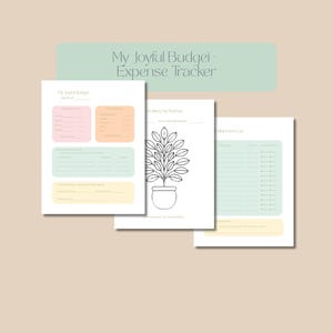 May include: Three pages of a budget planner titled My Joyful Budget - Expense Tracker. The pages feature pastel-coloured boxes in pink, orange, green, and yellow, with a black and white line drawing of a potted plant on the centre page.
