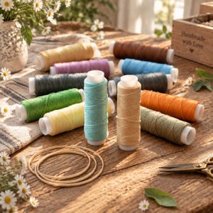 May include: A collection of multi-colored spools of thread arranged on a wooden surface, including shades of yellow, brown, blue, green, and pink. Two spools stand upright in the center, accompanied by circular wooden rings and scissors.
