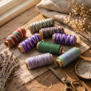 Può includere: Sette rocchetti di legno con filo variegato nei toni del rosso, verde, viola, blu e bianco. I rocchetti sono disposti su un pezzo di tessuto chiaro insieme a un paio di forbici in metallo e un piattino contenente spilli da cucito.
