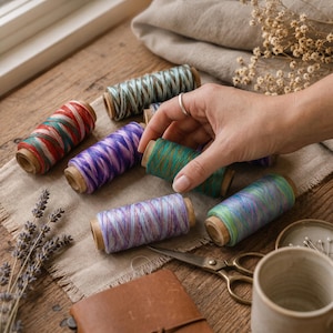 May include: A collection of wooden spools wrapped in variegated embroidery thread in shades of red, green, purple, blue, and teal. The spools are arranged on a piece of light beige fabric alongside metal scissors and dried lavender.