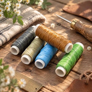 May include: Five spools of waxed thread in dark gray, olive green, brown, bright blue, and vibrant green colors. Each spool features a white plastic core. The thread is arranged on a wooden surface alongside a metal awl with a wooden handle.