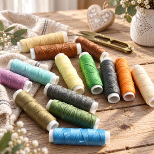 May include: A collection of twelve cylindrical spools of waxed thread in various colors including yellow, brown, light blue, purple, green, gray, and orange, arranged on a wooden surface alongside metal snips and a heart-shaped ornament.