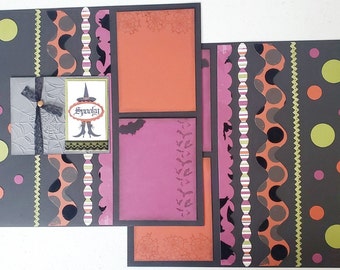 Halloween Spooky Witch premade scrapbook pages, hand stamped  12" x 12" 2-page 2 page scrapbook layout