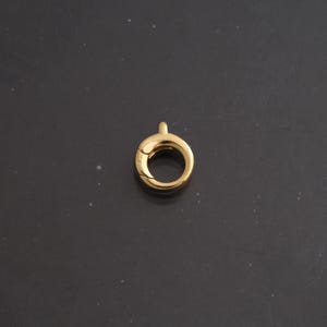 May include: A circular gold-toned spring ring clasp featuring a smooth, polished finish and a small integrated loop at the top. The jewelry component has a spring-loaded mechanism that allows the ring to open and close securely for attachment.
