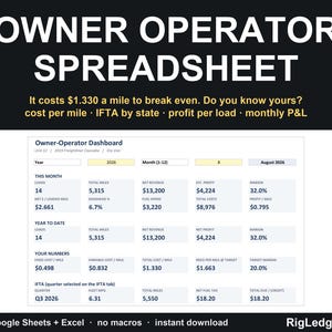 Owner Operator Spreadsheet: Cost Per Mile Calculator, IFTA Fuel Tax Log, Excel Google Sheets