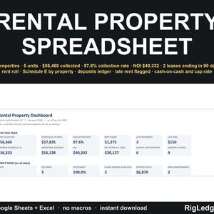 May include: A digital rental property spreadsheet dashboard featuring white text on a black background. The interface displays financial metrics including rent collected, collection rate, NOI, and lease data for 5 units across 3 properties.