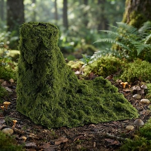 Puede incluir: Una escultura con forma de bota cubierta de musgo verde denso y texturizado. El objeto presenta una estructura definida en el talón y la punta, imitando la silueta de un calzado estándar, con una superficie de aspecto uniforme, orgánico y velloso.
