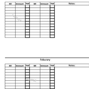 Op de afbeelding: Een zwart-wit printbaar sjabloon voor factuurtracking met twee maandelijkse secties gelabeld als January en February. Elke sectie bevat kolommen voor Bill, Ammount en Paid, met een sectie voor Notes. Het woord SAMPLE is zichtbaar.