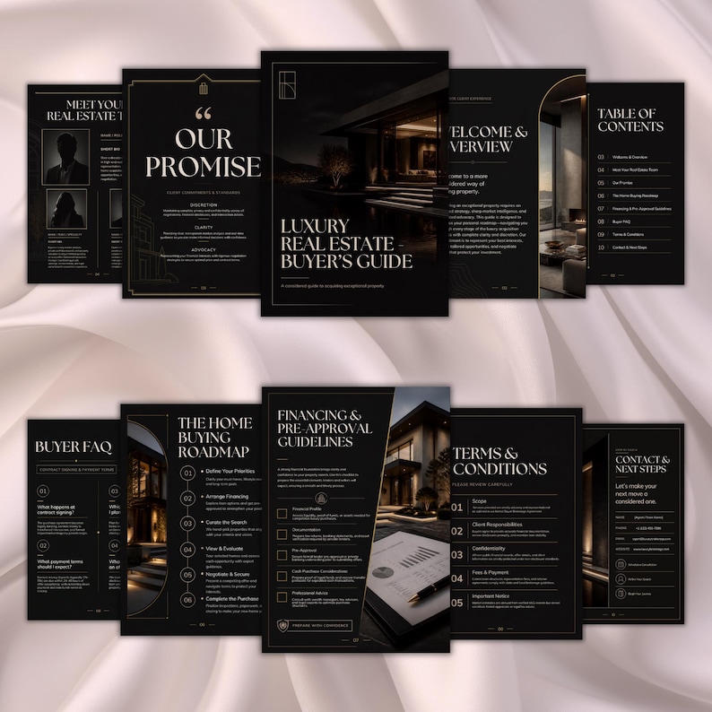 Luxury Real Estate Buyer Guide Canva Template | Dark Gold Home Buyer Packet, Realtor Client ...