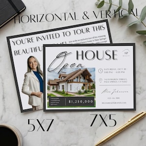 Può includere: Due volantini immobiliari bianchi con testo e bordi neri. Uno mostra una persona in blazer bianco e l'immagine di una casa con il testo Open House, $1.250.000, e i dettagli dell'evento per sabato 18 ottobre, dalle 13:00 alle 16:00.
