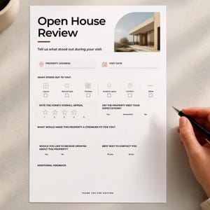 May include: A white Open House Review form featuring a photograph of a modern building with an arched window. The document includes sections for property address, visit date, checkboxes for features, a five-star rating scale, and contact details.