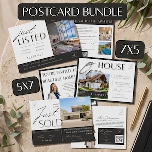 Paquete de postales inmobiliarias Canva 5x7 7x5, Postales de recién listados, recién vendidos, jornadas de puertas abiertas, Kit de marketing para agentes inmobiliarios, Folleto para agentes en color oro oscuro
