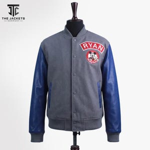 Handmade Grey Blue Varsity Jacket with Leather Sleeves