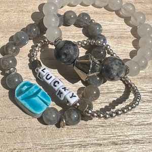 Lucky Scarab hand strung bracelet stack