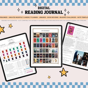 May include: A digital reading journal displayed on three tablet screens. The screens show a monthly planner, a bookshelf with book covers, and a detailed book review page. The background is light pink with blue checkered borders and yellow stars.