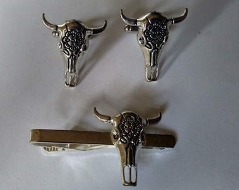 Bull Skull Tie Clip Clasp Bar Cuff Links Great Gift for Him Father's Day Easter Birthday Christmas Wedding Stocking Stuffer Nature Inspired