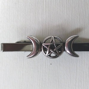 Antique Silver Triple Moon Pentacle Tie Clip: Pagan Celestial Gift