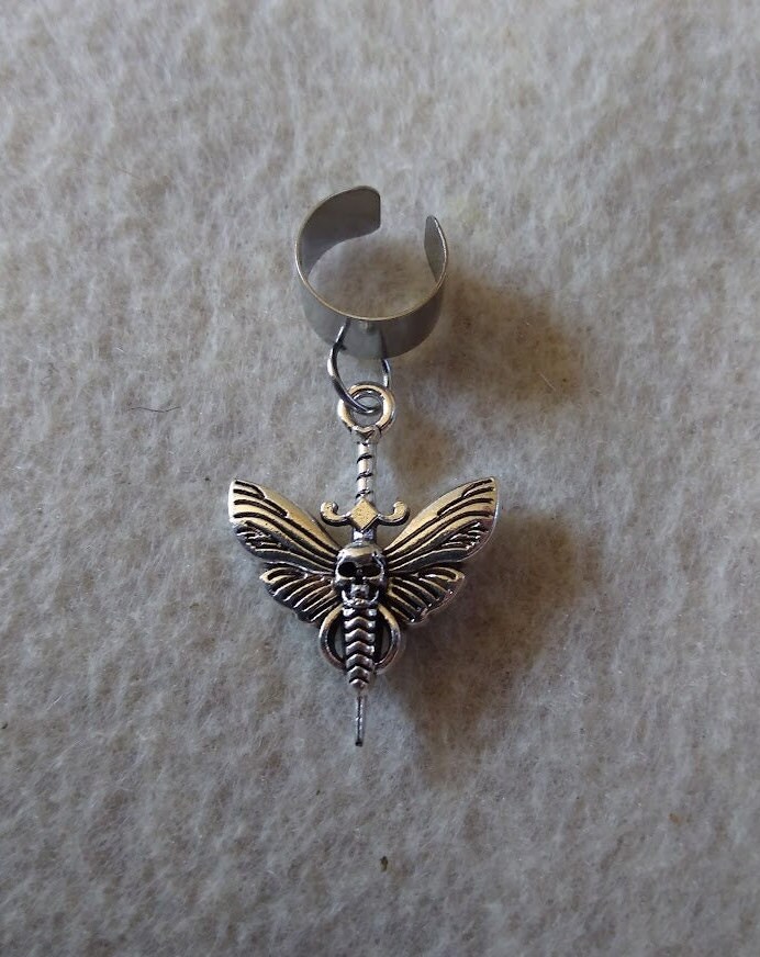 Antique Silver Dainty Sword Moth Ear Cuff Death Head Moth Jewelry Great Gift Macabre Lovers Birthday Christmas