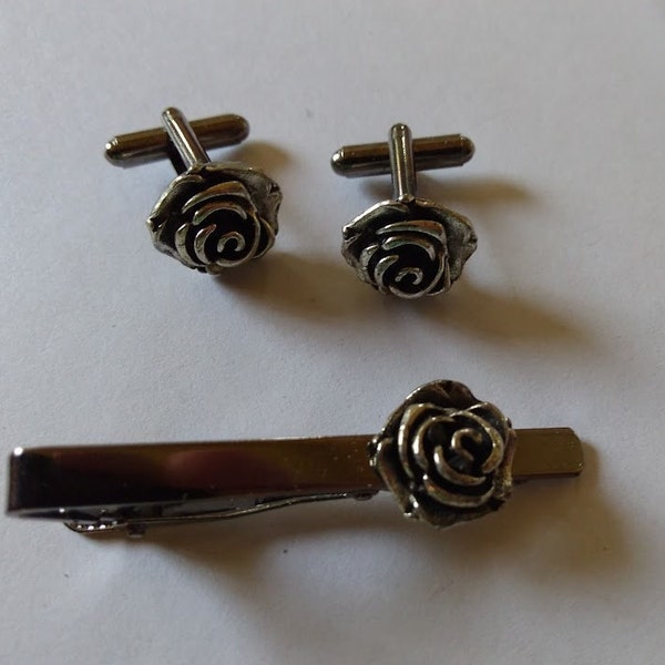 Vintage Style Antique Silver Rose Tie Clip Cufflinks Great Gift For Him Her Father's Day Birthday Anniversary