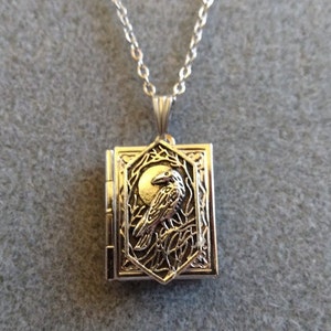Night Raven Book Locket Necklace: Dainty Gothic Jewelry