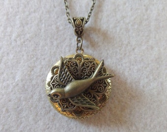 Vintage Style Swallow Locket Necklace Birthday Christmas Stocking Stuffer Anniversary Fall Trends Antique Bronze Color