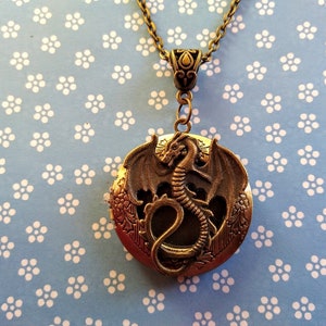 Antique Bronze Flying Dragon Locket Necklace Birthday Anniversary Valentines Every Day Great Gift