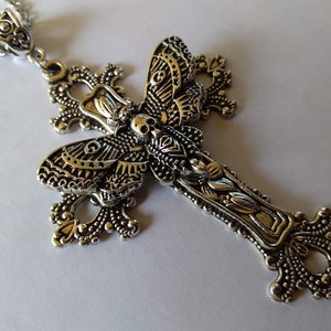 Large Moth Cross Necklace Pendant Floral Filigree Victorian Vintage Gothic Style Great Gift for Her Protection Amulet