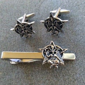 Silver/Black Baphomet Tie Clip Cufflinks Great Gift For Him Her Father&#39;s Day Birthday Anniversary