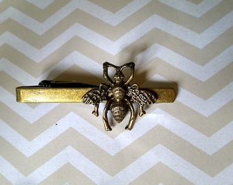 Antique Bronze Bee Tie Clip Bar Pin Great Gift for Him Halloween Wedding Birthday Christmas Valentines Party Ceremony Steampunk Goth Novelty