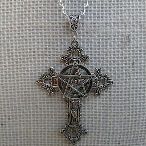 Large Cross with Pentacle Pentagram Necklace Pendant Floral Filigree Victorian Vintage Gothic Style Great Gift for Her Protection Amulet
