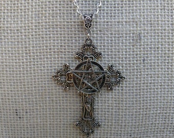 Large Cross with Pentacle Pentagram Necklace Pendant Floral Filigree Victorian Vintage Gothic Style Great Gift for Her Protection Amulet