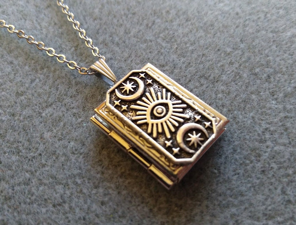 Triple Moon Evil Eye Star Dainty Book Locket Necklace Great Gift Birthday Christmas Stocking Stuffer Anniversary Spring Magic