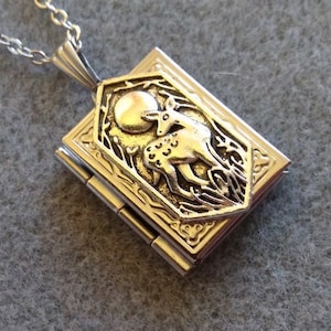 Deer in Night Forest Dainty Book Locket Necklace Great Gift Birthday Christmas Stocking Stuffer Anniversary Spring Magic