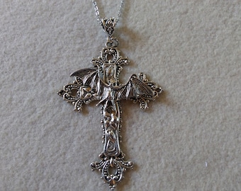 Large Bat Cross Pendant: Antique Silver Gothic Victorian Necklace