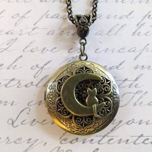 Cat on the Moon Locket Necklace - Antique Bronze