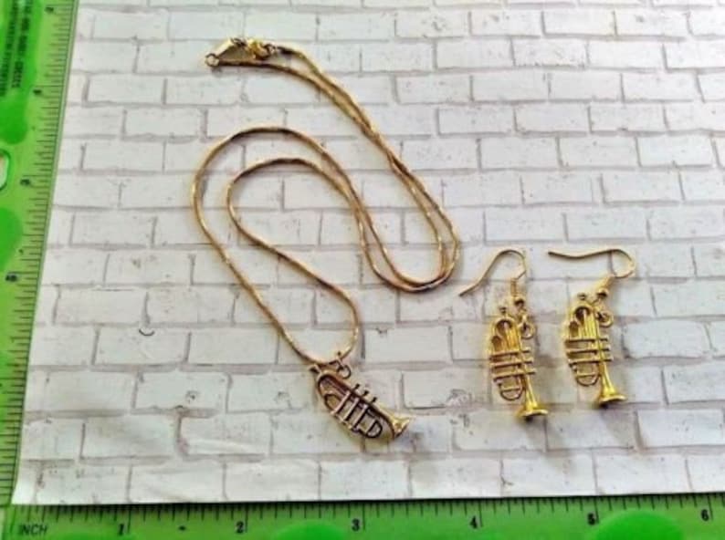Lovely Golden Trumpet Necklace Earrings Jewelry Set Great Gift for Musician Girlfriend Wife Christmas Birthday Stocking Stuffer Anniversary
