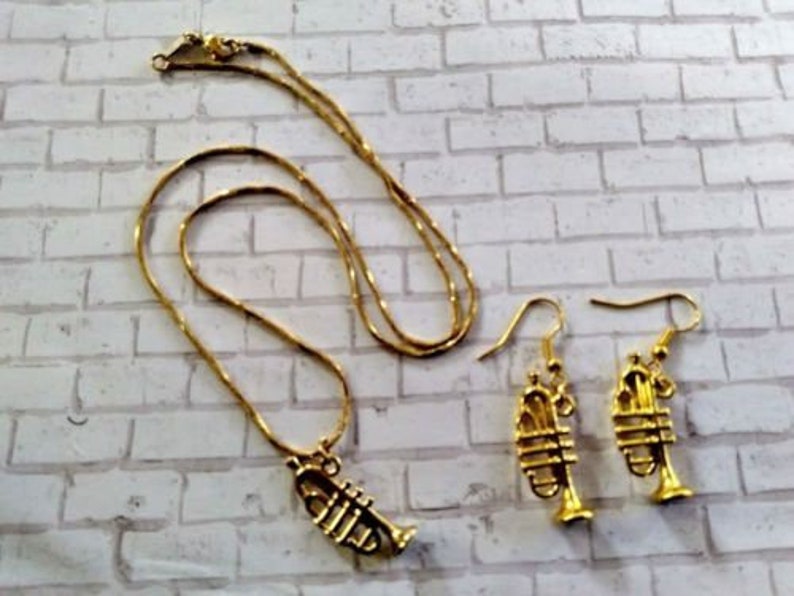 Lovely Golden Trumpet Necklace Earrings Jewelry Set Great Gift for Musician Girlfriend Wife Christmas Birthday Stocking Stuffer Anniversary