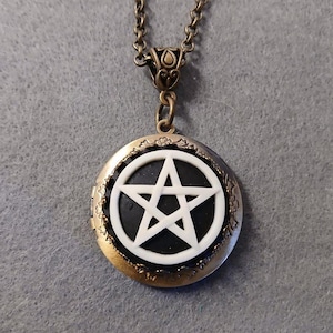 Antique Bronze Pentagram Pentacle Cameo Locket Necklace Macabre Gothic Protection Amulet Great Gift