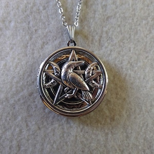 Raven Crescent Moons Pentagram Pentacle Locket Necklace Great Gift Birthday Christmas Stocking Stuffer Anniversary Thanksgiving Fall Trends