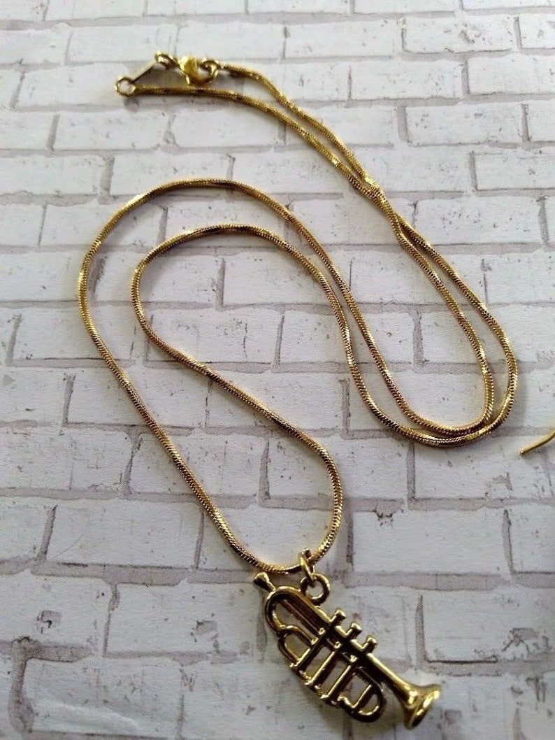 Lovely Golden Trumpet Necklace Earrings Jewelry Set Great Gift for Musician Girlfriend Wife Christmas Birthday Stocking Stuffer Anniversary