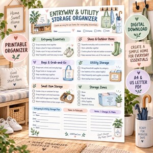 Organizador de entrada y almacenamiento para el hogar, lista de verificación imprimible para la organización de la entrada, planificador de almacenamiento doméstico, PDF tamaño carta estadounidense (A4)