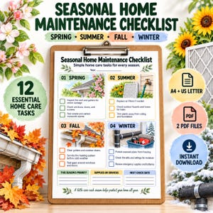 May include: A seasonal home maintenance checklist printed on paper held by a wooden clipboard. The document features four sections for spring, summer, fall, and winter, each with checkboxes for home care tasks, plus space for notes and a year entry.