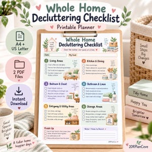 May include: A printable Whole Home Decluttering Checklist planner on a clipboard. The document features six numbered sections for living areas, kitchen, bedroom, bathroom, entryway, and storage, with checkboxes and illustrations of home items.